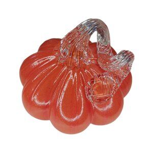 Glass Pumpkin Orange Hand Blown 4'' x 5'' Curl Stem Fall Decor Halloween Art